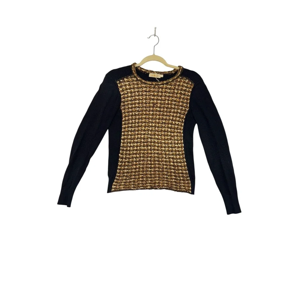 Tory Burch Black Knit Sweater Textured‎ Metallic Front Panel XS